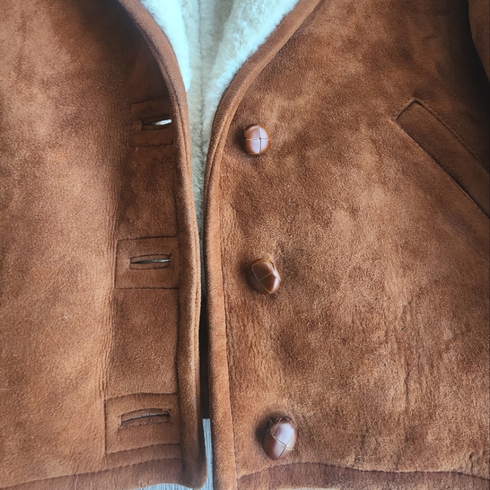 Vintage Cognac Womens Crop Shearling Bomber Jacket | SZ M - Picture 3 of 5